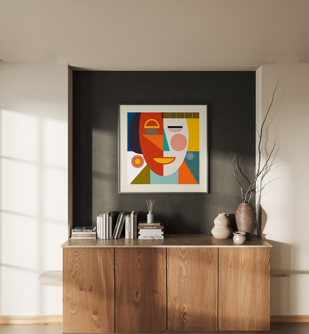 Face Stripes Minimal Kopie By Ana Rut Bre Abstract Art Abstract Paintings in Black Plain Frame placed on a Dark Grey Colored Wall above a Console Table 