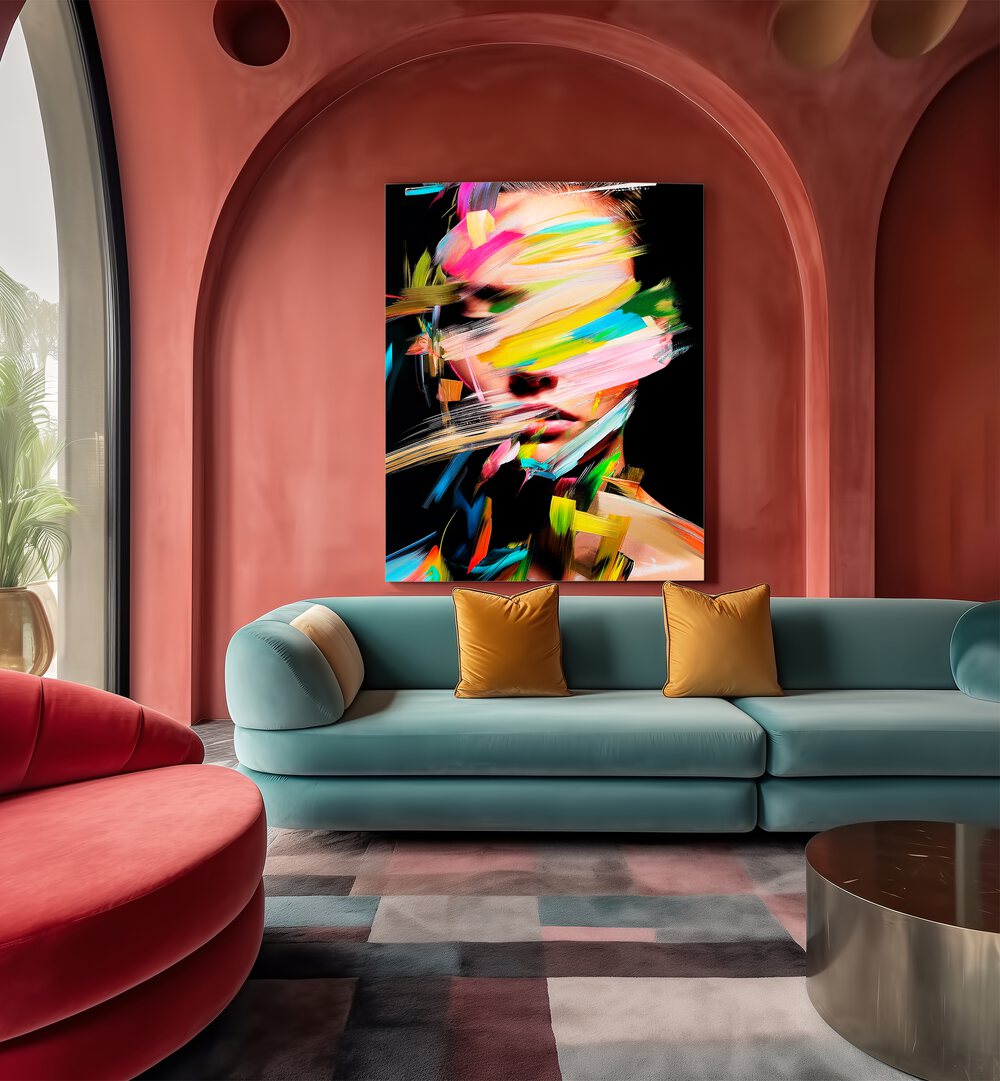 Vibrant interior featuring FACELESS I, ABSTRACT PAINTINGS by Philippe HUGONNARD, showcasing innovative artistry.