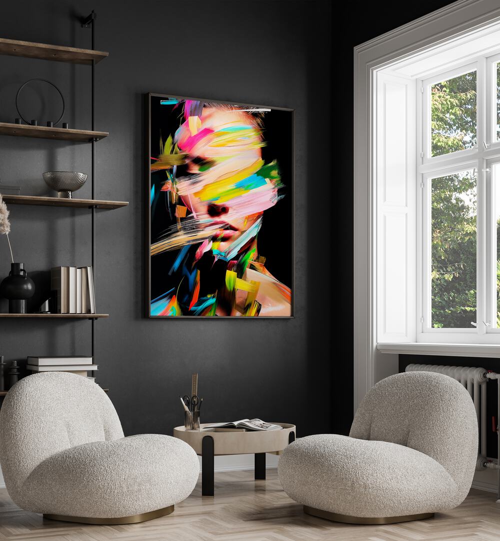 Colorful abstract artwork, "FACELESS I, ABSTRACT PAINTINGS" by Philippe HUGONNARD, enhances modern interiors.