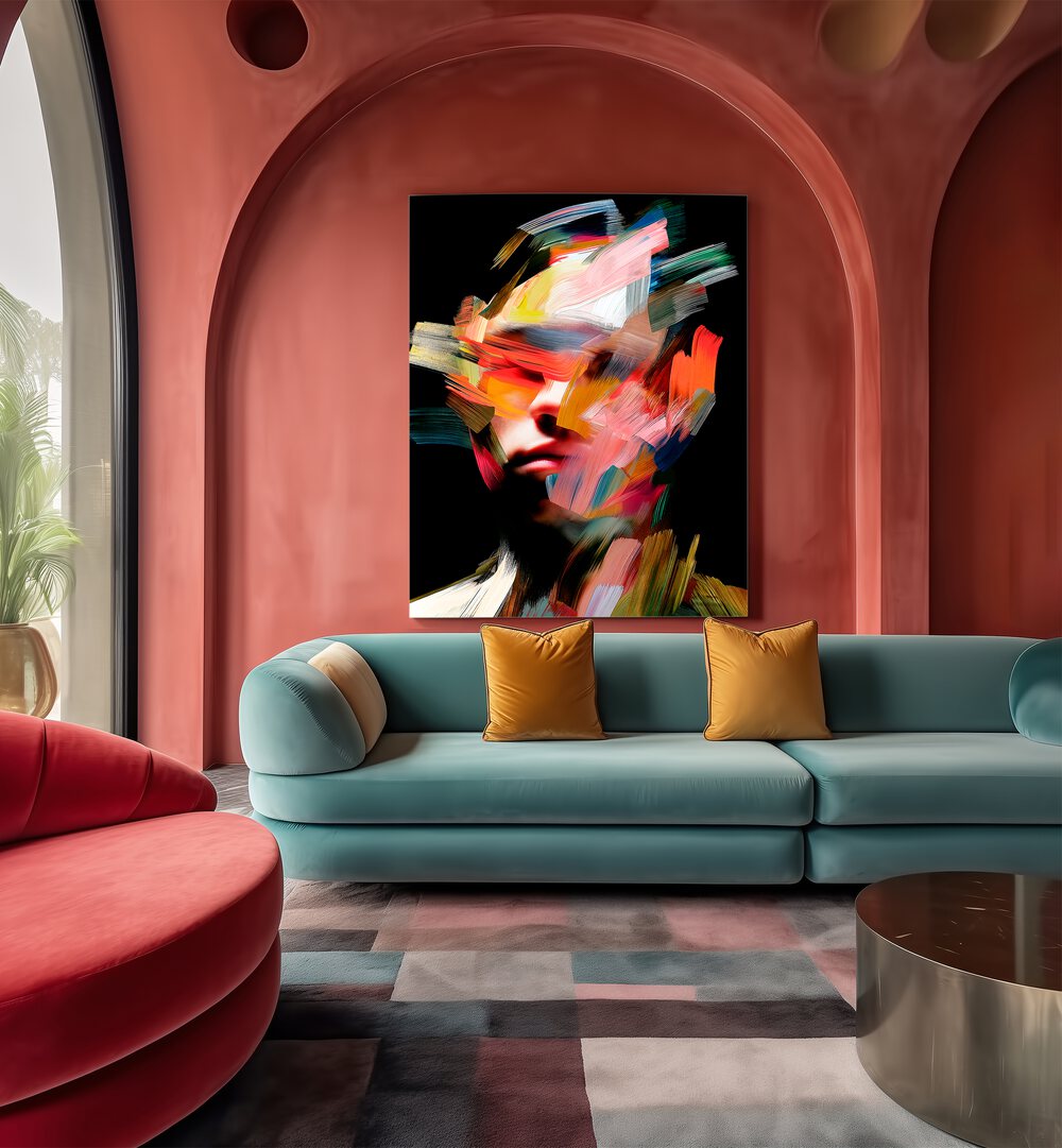Vibrant living space featuring FACELESS VII, ABSTRACT PAINTINGS by Philippe HUGONNARD, enhancing modern décor.