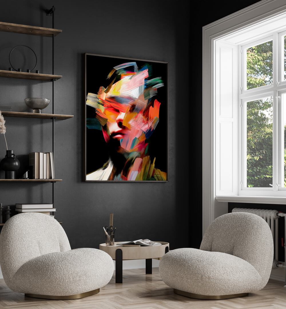 Vibrant FACELESS VII, ABSTRACT PAINTINGS by Philippe HUGONNARD, showcasing modern art in a stylish interior setting.