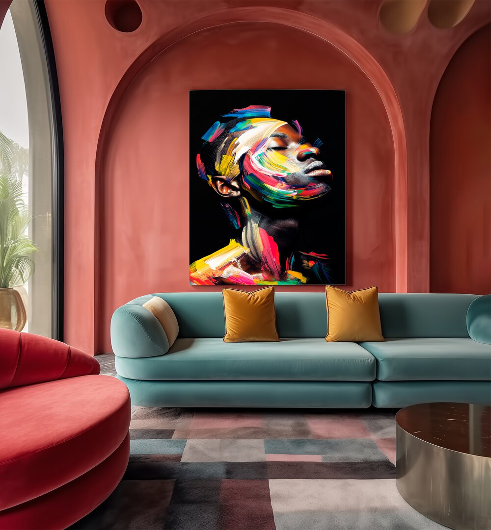 Colorful FACELESS X, ABSTRACT PAINTINGS by Philippe HUGONNARD, enhancing modern interiors with vibrant artistry.