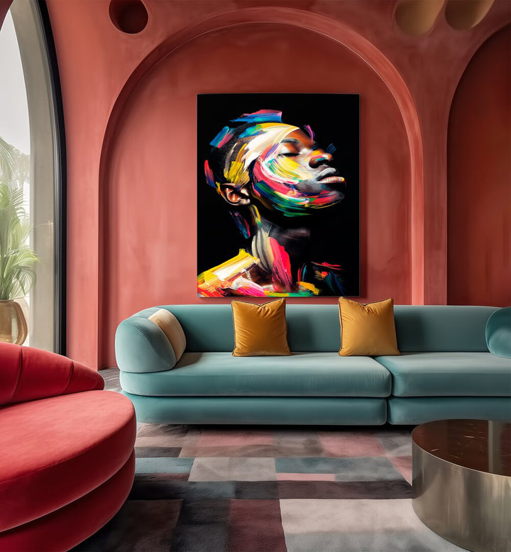 Colorful FACELESS X, ABSTRACT PAINTINGS by Philippe HUGONNARD, enhancing modern interiors with vibrant artistry.