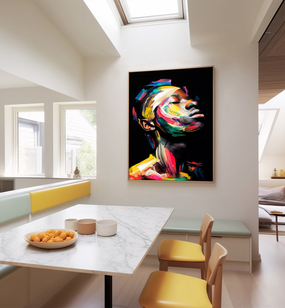 Vibrant FACELESS X, ABSTRACT PAINTINGS by Philippe HUGONNARD adorns a bright modern kitchen wall, enhancing the space.
