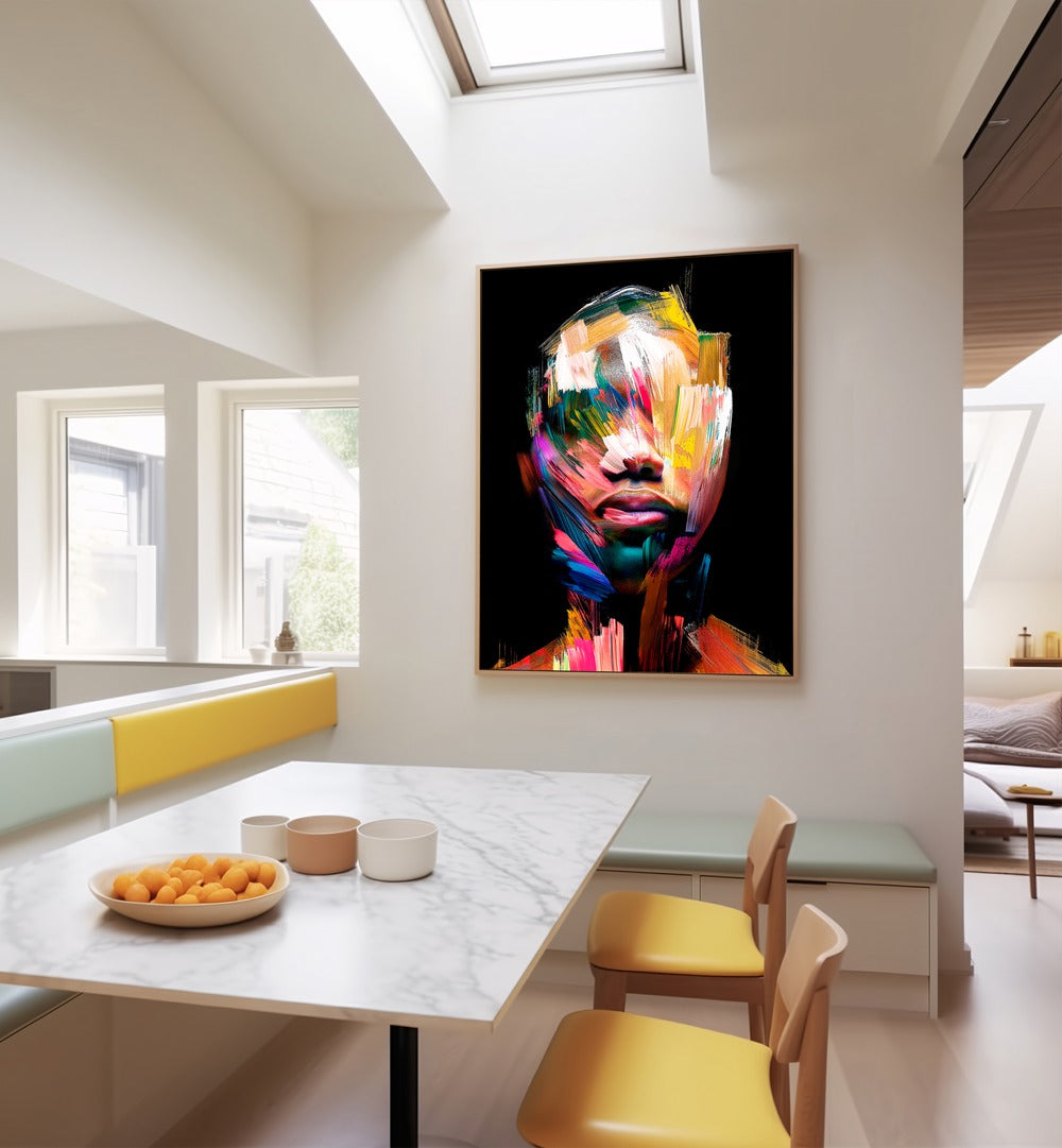 Colorful abstract facial art, FACELESS XII, enhances modern spaces with style. Perfect for art lovers.