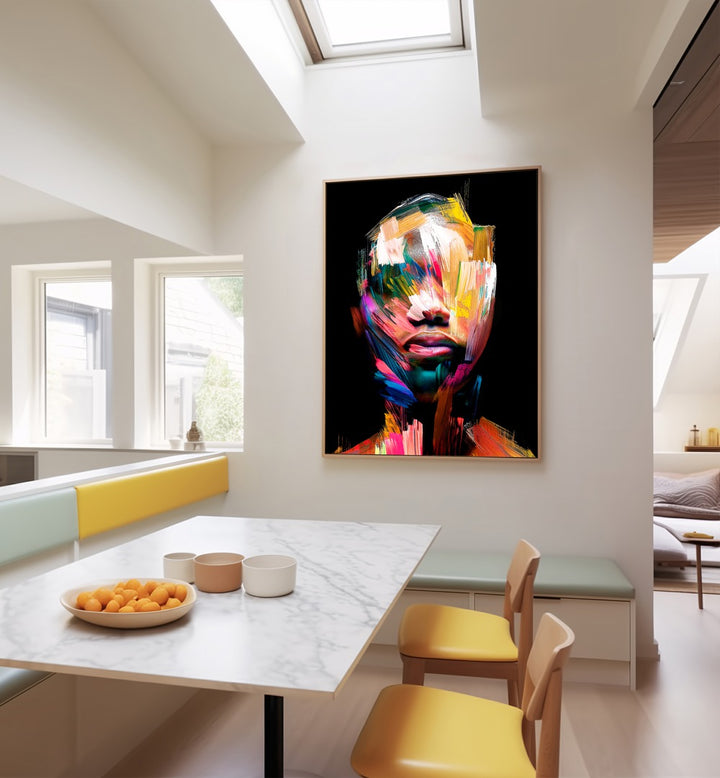Colorful abstract facial art, FACELESS XII, enhances modern spaces with style. Perfect for art lovers.
