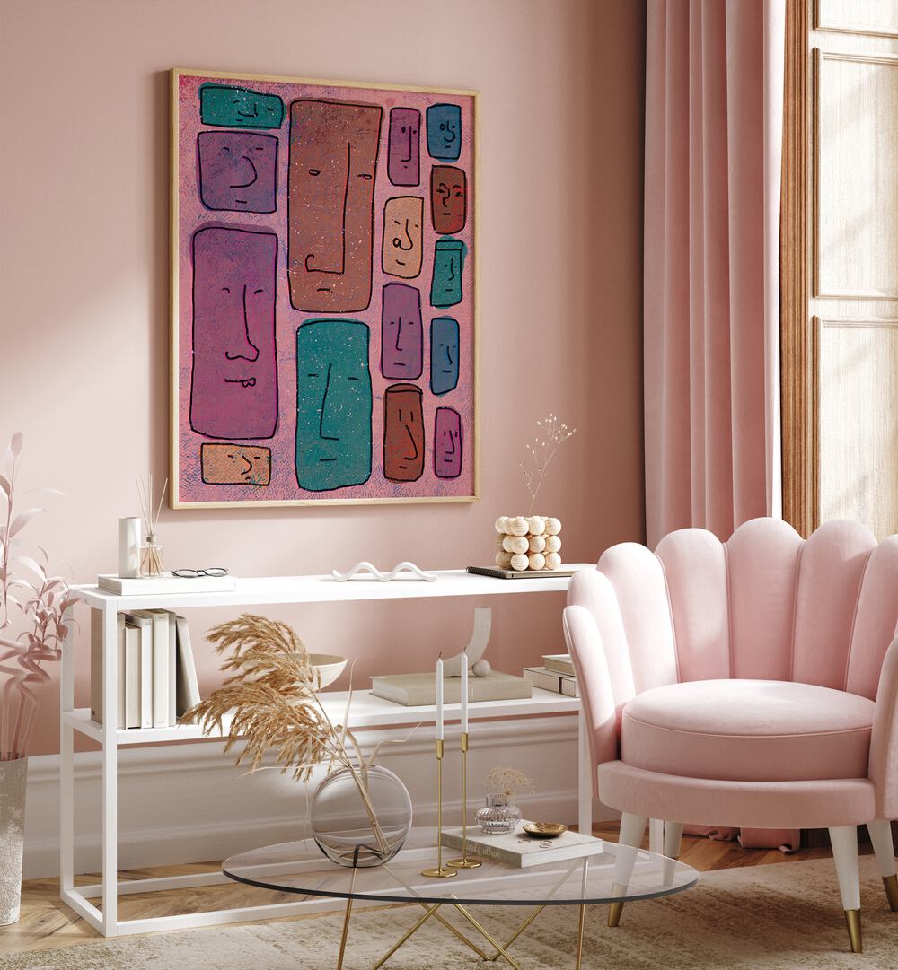 Faces Abstract Art Abstract Paintings in Oak Wood Plain Frame placed on a Pink Colored Wall above a Console Table in the Drawing Room