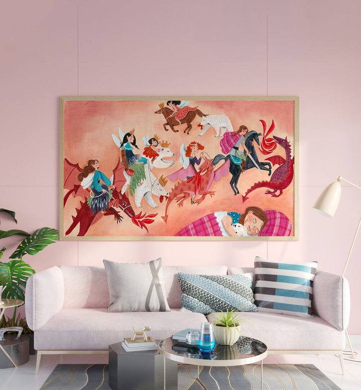 Fairy By Caroline Bonne Muller Kids Room Painting in Oak Wood Plain Frame on a pink wall behind a sofa