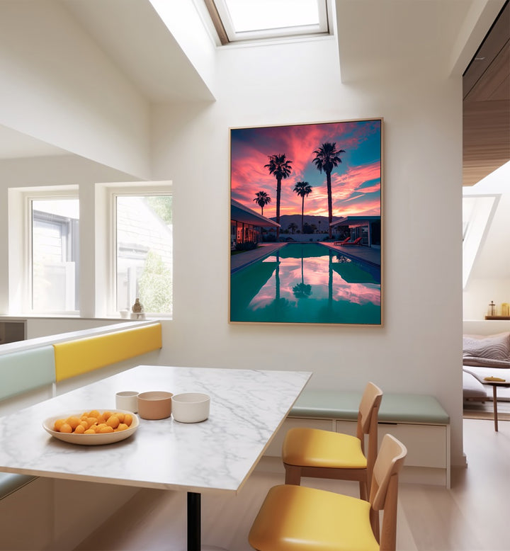 Vibrant FALLING OF THE NIGHT II, BEACH PAINTINGS artwork enhances a modern kitchen with serene twilight colors.