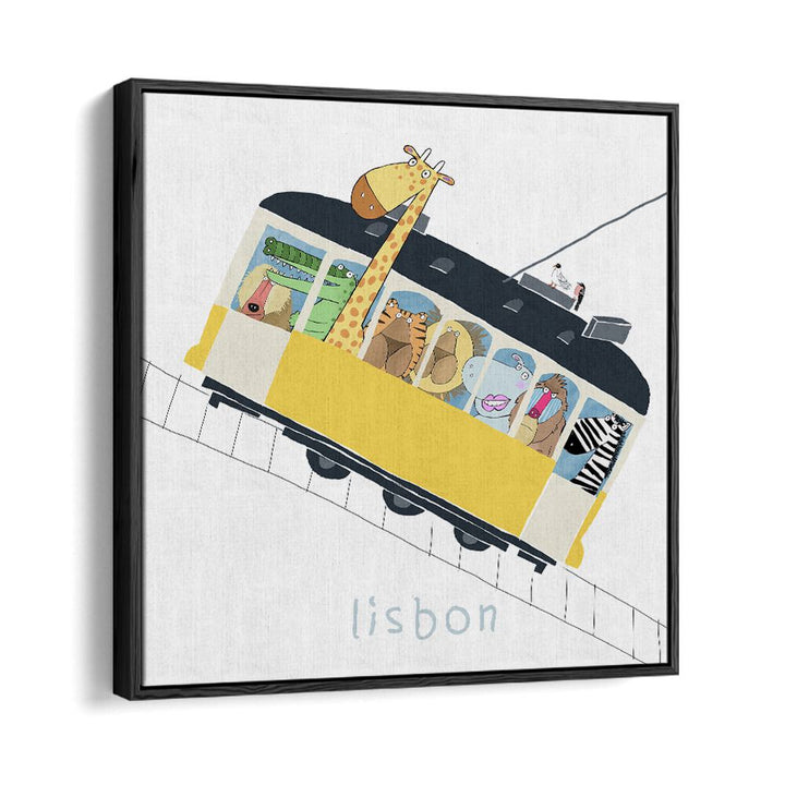 Famous Lisbon Yellow Tram With Jungle Animals By Carla Daly Kids Room Painting in Black Floater Frame