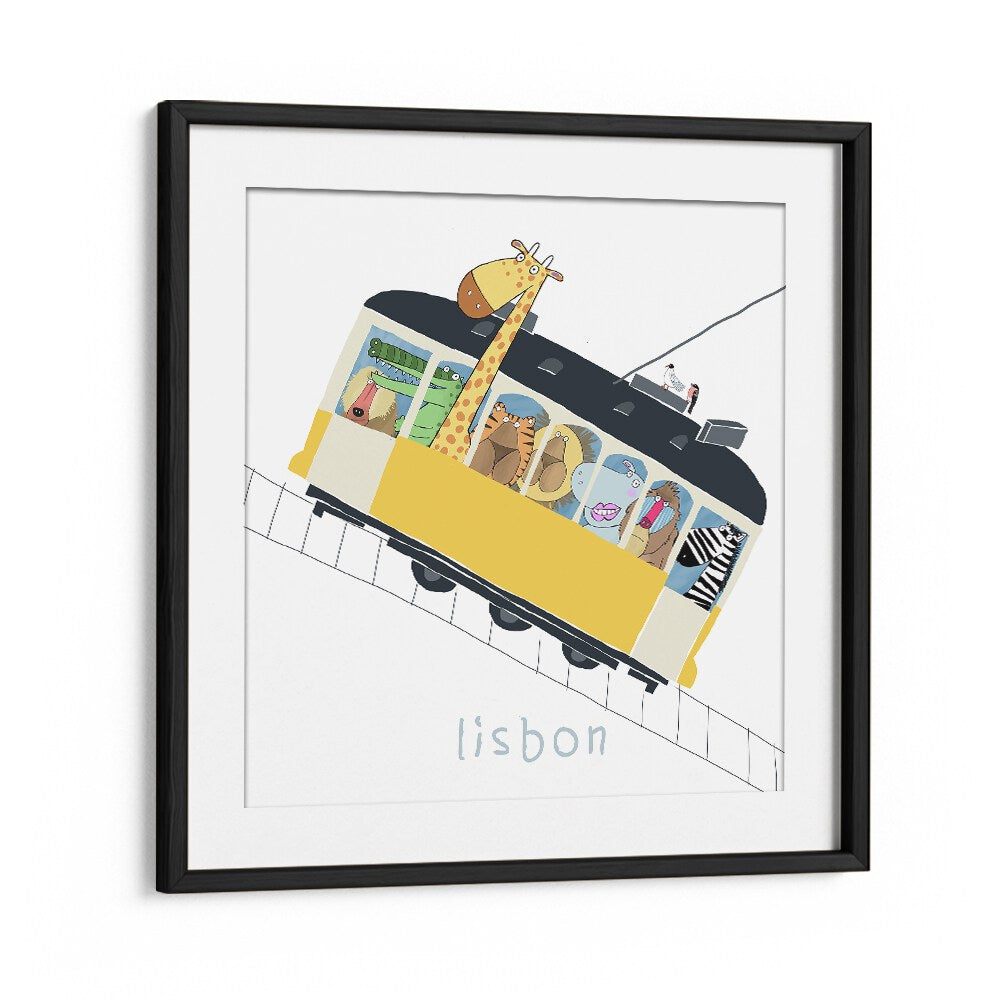 Famous Lisbon Yellow Tram With Jungle Animals By Carla Daly Kids Room Painting in Black Frame With Mount