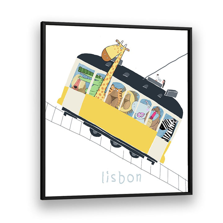 Famous Lisbon Yellow Tram With Jungle Animals By Carla Daly Kids Room Painting in Black Plain Frame