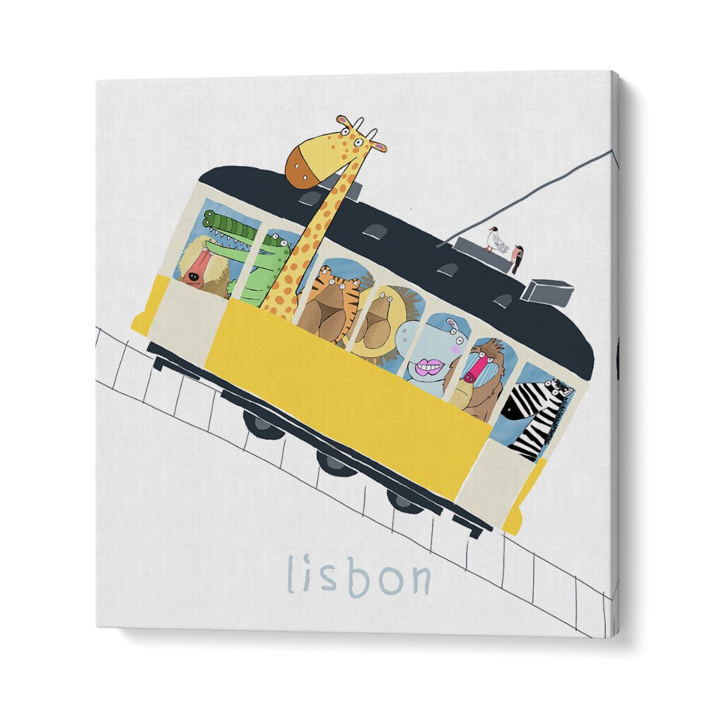 Famous Lisbon Yellow Tram With Jungle Animals By Carla Daly Kids Room Painting in Gallery Wrap