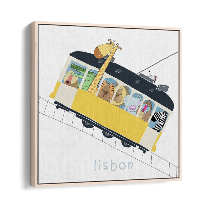 Famous Lisbon Yellow Tram With Jungle Animals By Carla Daly Kids Room Painting in Oak Wood Floater Frame