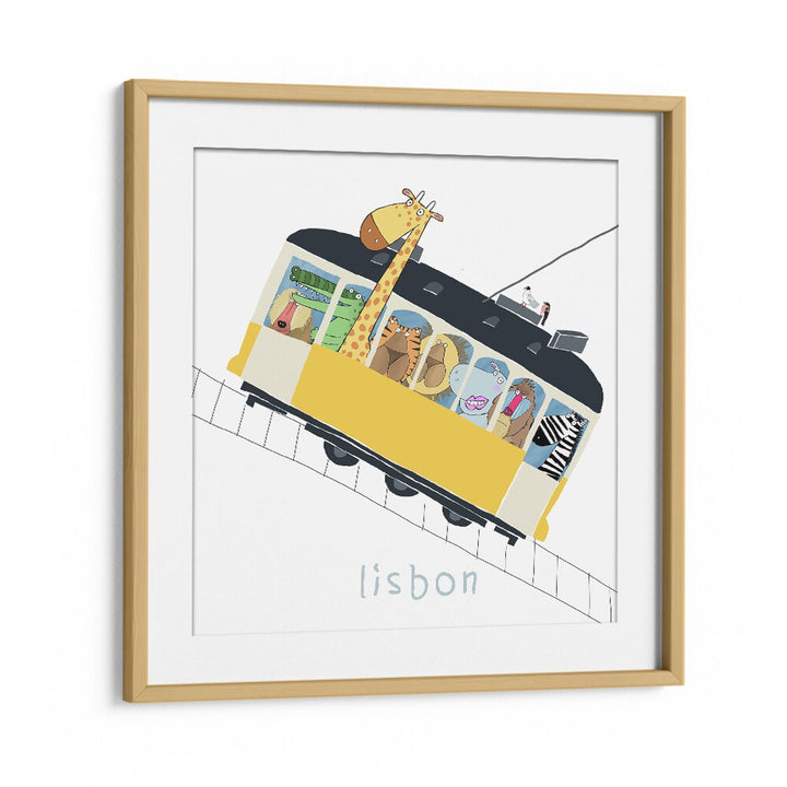 Famous Lisbon Yellow Tram With Jungle Animals By Carla Daly Kids Room Painting in Oak Wood Frame With Mount