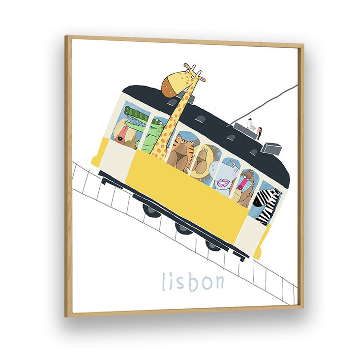 Famous Lisbon Yellow Tram With Jungle Animals By Carla Daly Kids Room Painting in Oak Wood Plain Frame