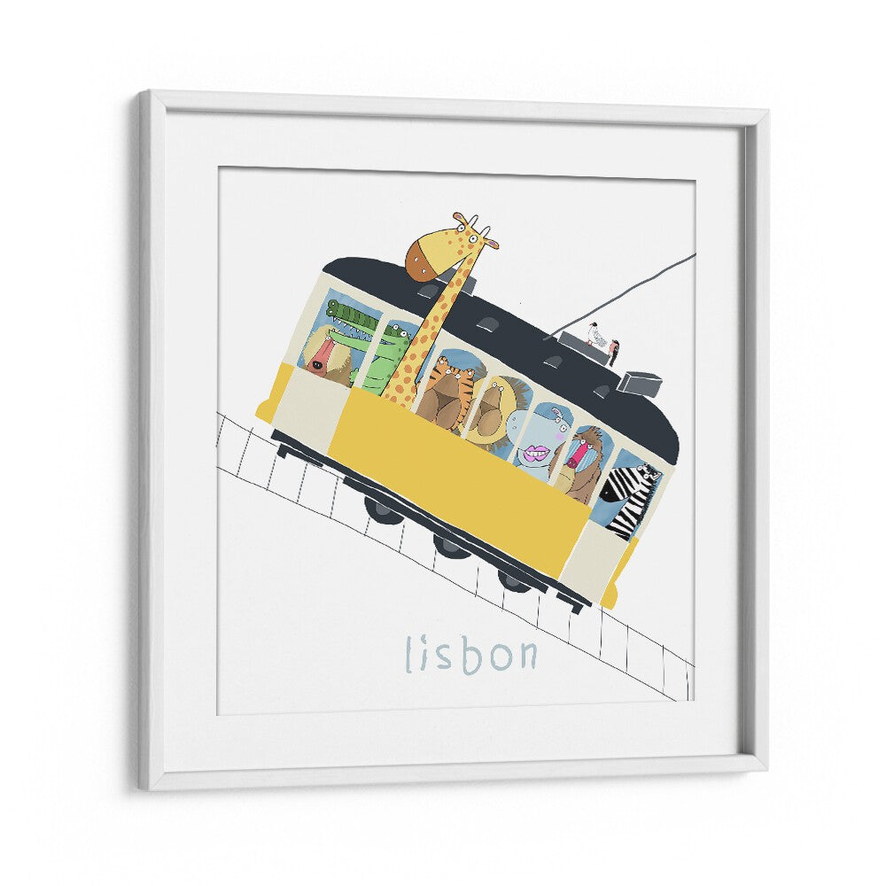 Famous Lisbon Yellow Tram With Jungle Animals By Carla Daly Kids Room Painting in White Frame With Mount