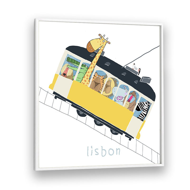 Famous Lisbon Yellow Tram With Jungle Animals By Carla Daly Kids Room Painting in White Plain Frame