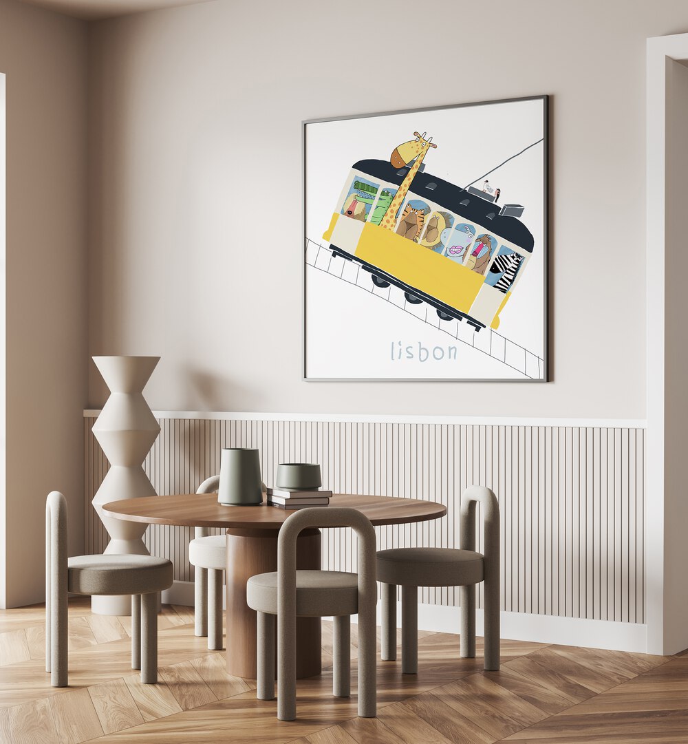 Famous Lisbon Yellow Tram With Jungle Animals By Carla Daly Kids Room Paintings placed on a wall
