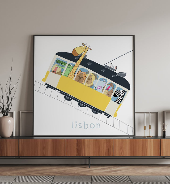 Famous Lisbon Yellow Tram With Jungle Animals By Carla Daly Kids Room Paintings placed on a wall