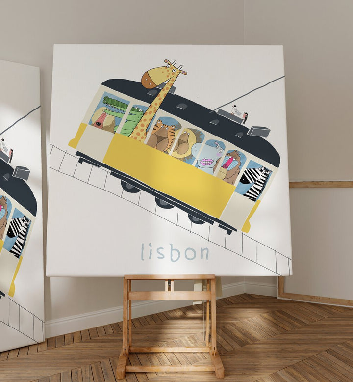 Famous Lisbon Yellow Tram With Jungle Animals By Carla Daly Kids Room Paintings placed on a wall