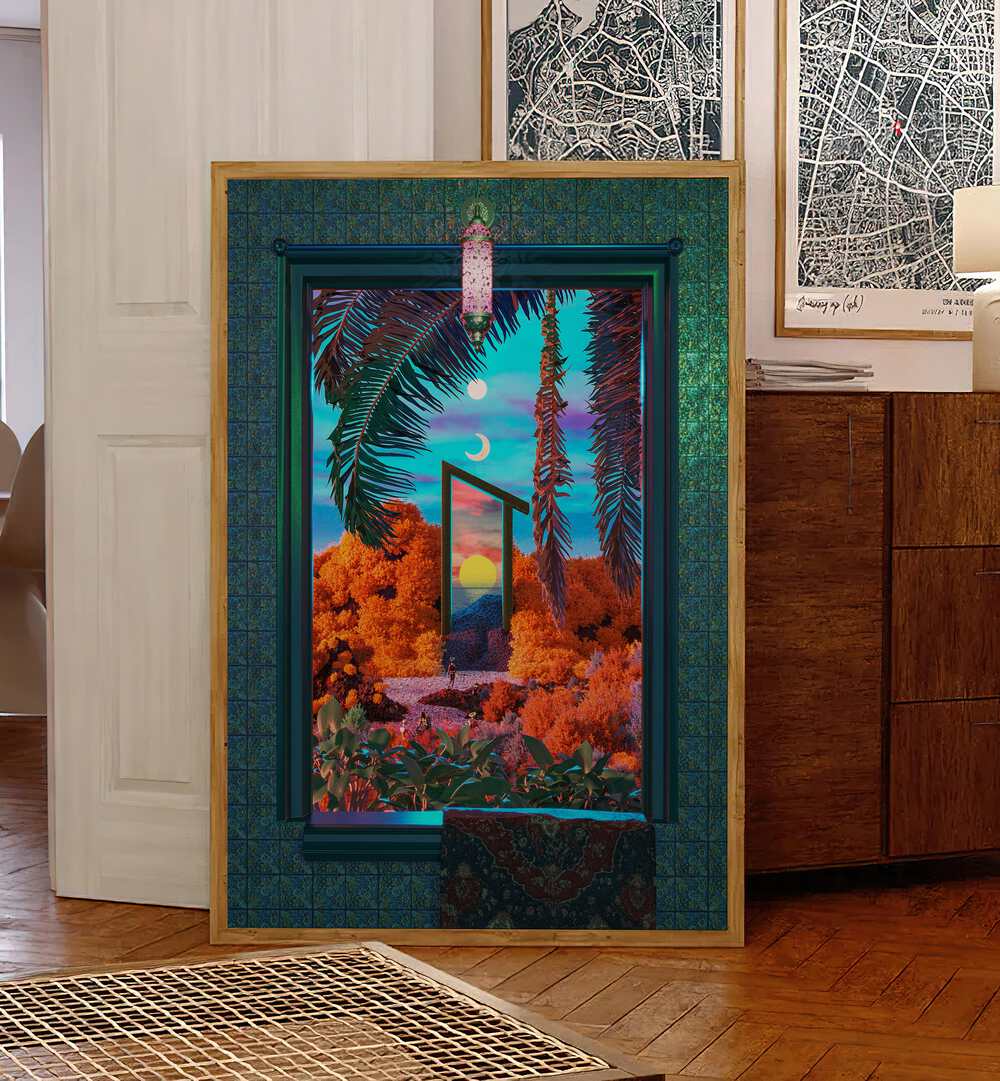 Fantasy Portal By Cosmo Zach Surreal Art Prints Surrealism in Oak Wood Plain Frame placed on a floor beside a door