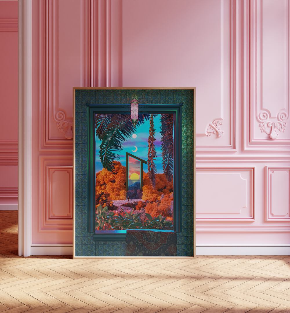 Fantasy Portal By Cosmo Zach Surreal Art Prints Surrealism in Oak Wood Plain Frame placed on the floor beside a window