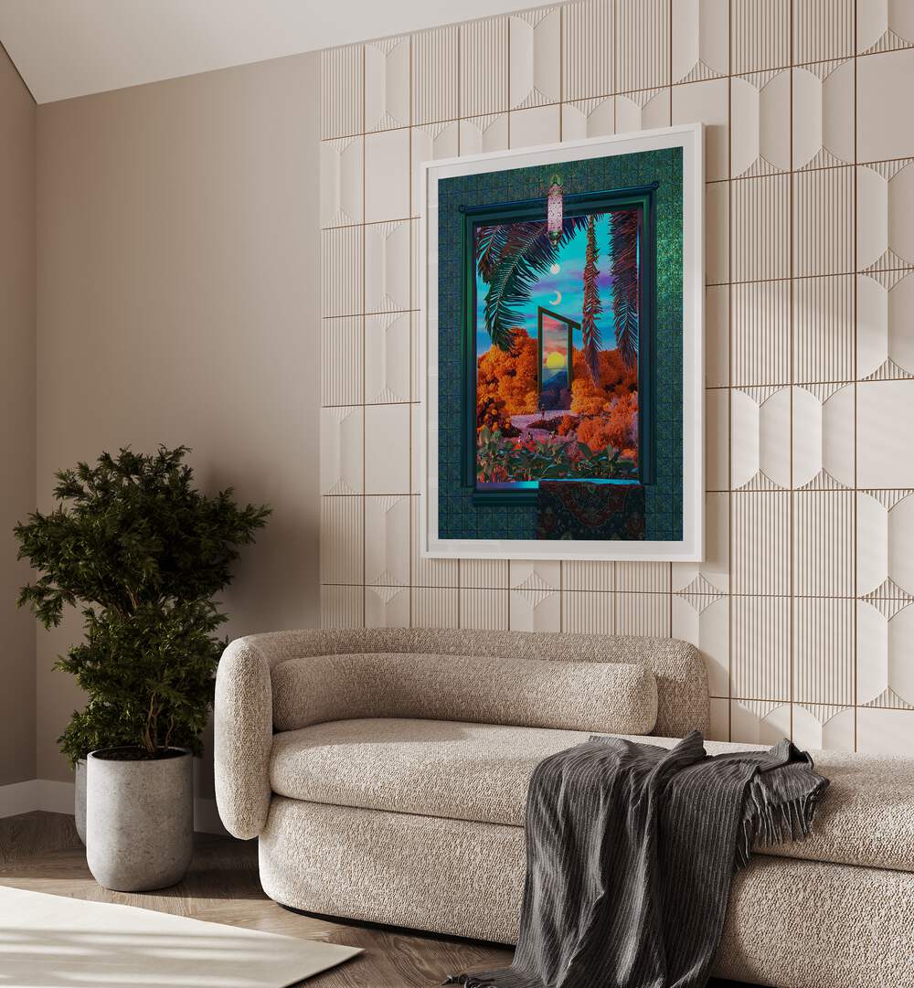 Fantasy Portal By Cosmo Zach Surreal Art Prints Surrealism in White Plain Frame placed on the wall behind a sofa