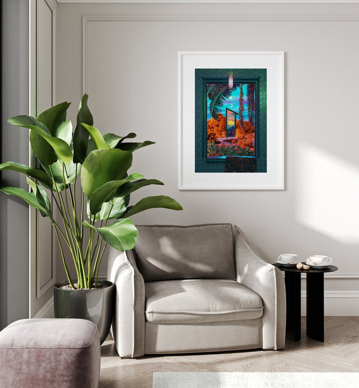 Fantasy Portal By Cosmo Zach Surreal Art Prints Surrealism in White Frame With Mount placed on the wall behind a sofa