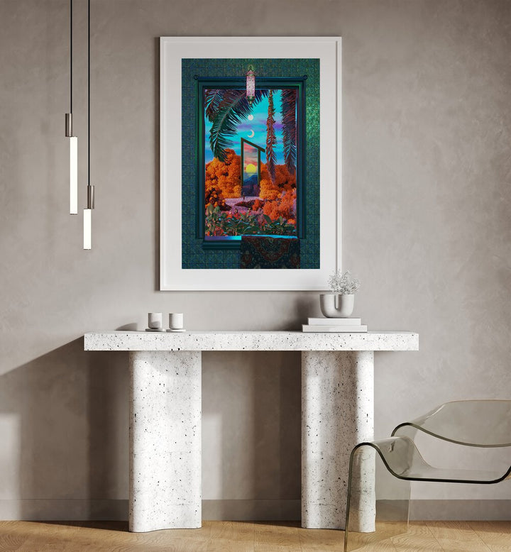 Fantasy Portal By Cosmo Zach Surreal Art Prints Surrealism in White Frame With Mount placed on the wall behind a table