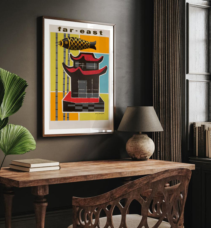 Far East  Travel Posters in Oak Wood Frame With Mount placed on a wall behind a study table