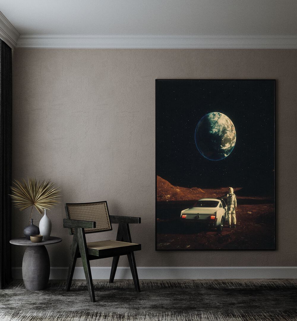 Far From Home Surreal Paintings Surreal Art Prints in Black Plain Frame placed on a Beige Colored Wall in the Drawing Room