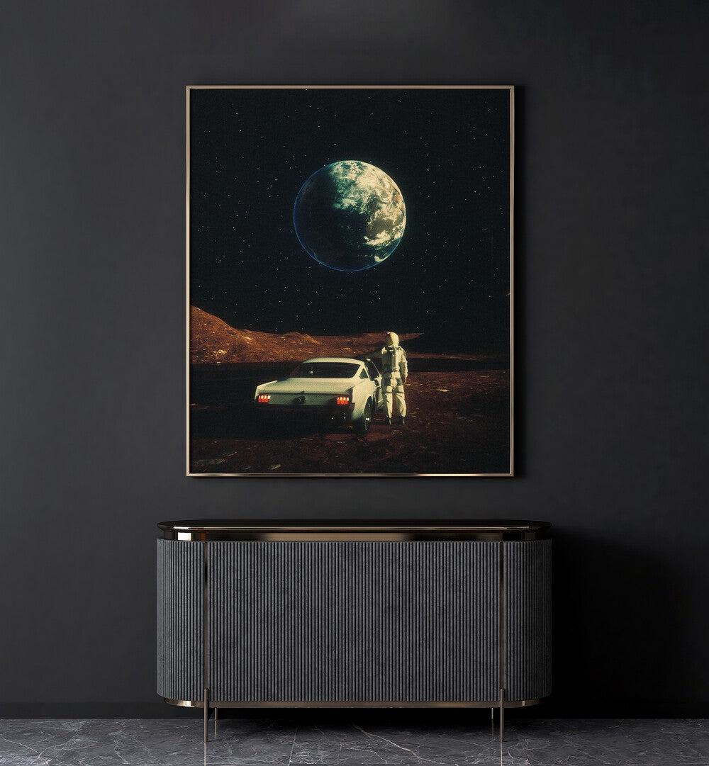 Far From Home Surreal Paintings Surreal Art Prints in Gold Plain Frame placed on a Dark Grey Colored Wall above a Console Table in the Living Room