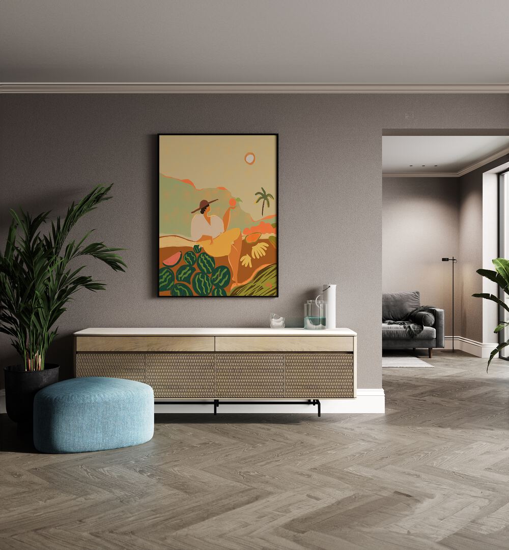 Farmer Guava By Arty Guava Wall Art Prints in Black Plain Frame placed on a Beige Colored Wall above a Console Table in the Drawing Room