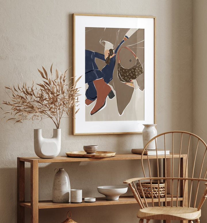 Fashion Poster By Ivy Green Women Illustration Paintings in Oak Wood Frame With Mount on a beige wall above a table