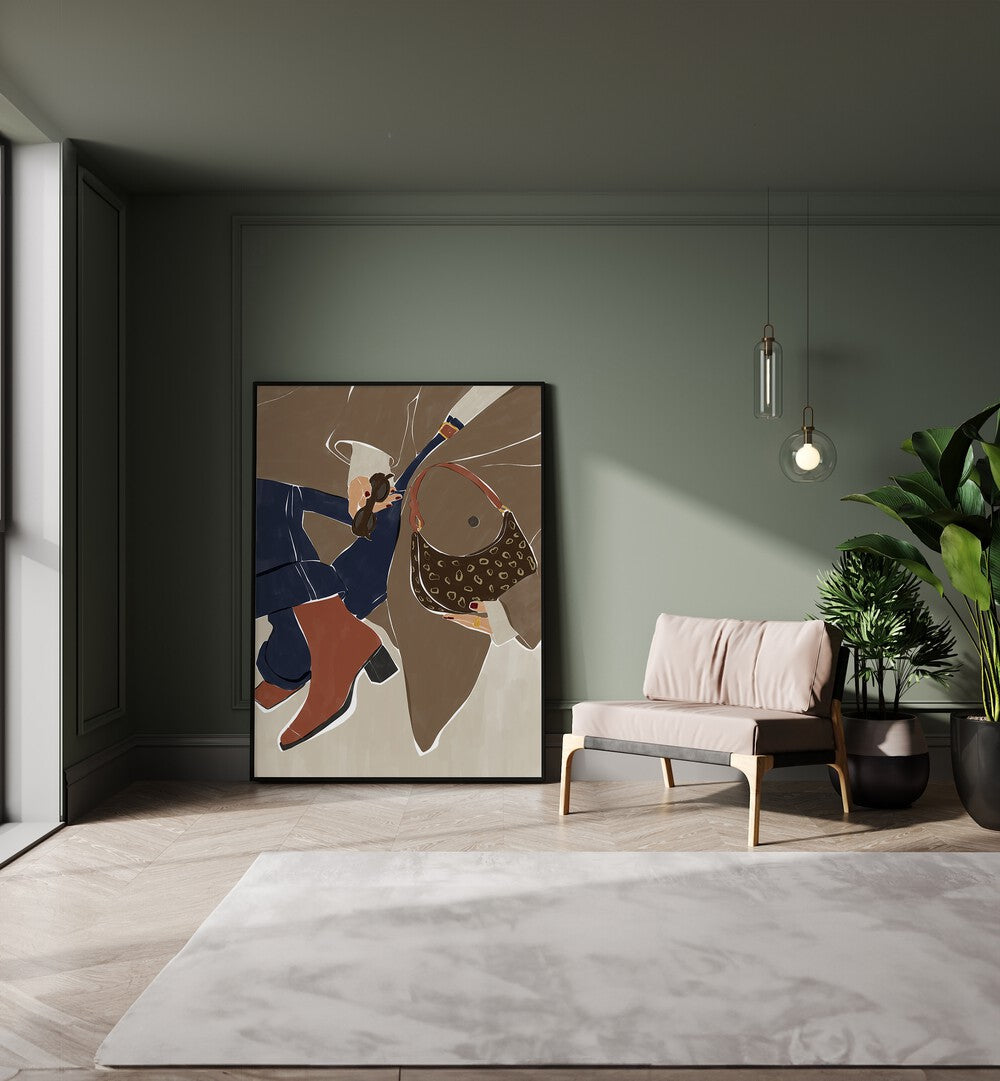 Fashion Poster By Ivy Green Women Illustration Paintings in Black Plain Frame on the floor beside a sofa