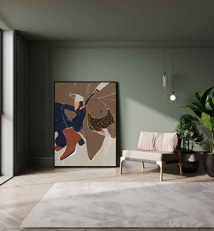 Fashion Poster By Ivy Green Women Illustration Paintings in Black Plain Frame on the floor beside a sofa