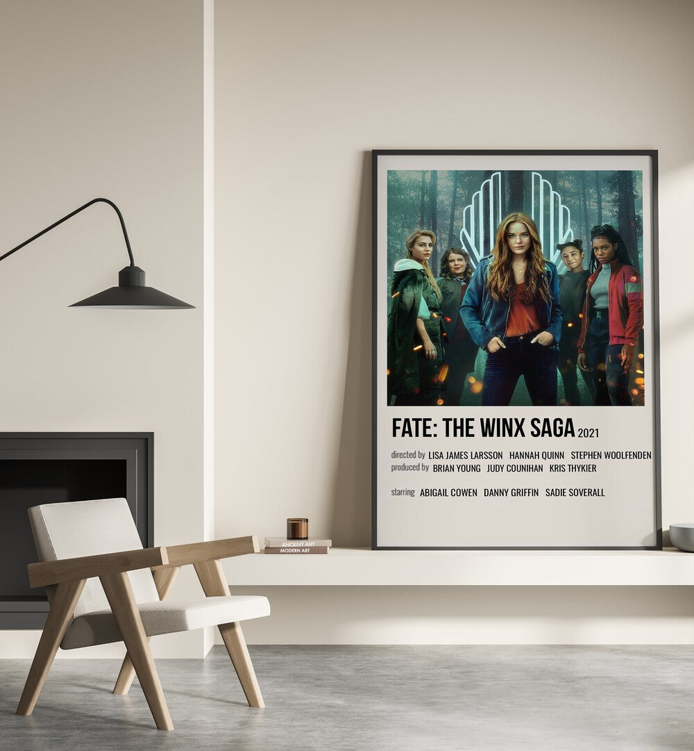 Fate-The Winx Saga 2021 Movie Posters in Black Plain Frame placed on a shelf beside a hearth