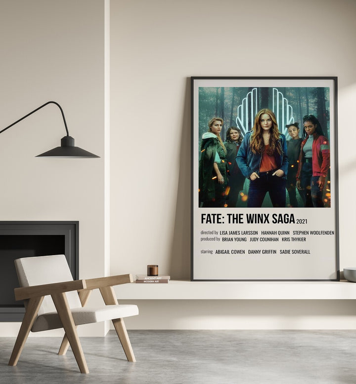 Fate-The Winx Saga 2021 Movie Posters in Black Plain Frame placed on a shelf beside a hearth