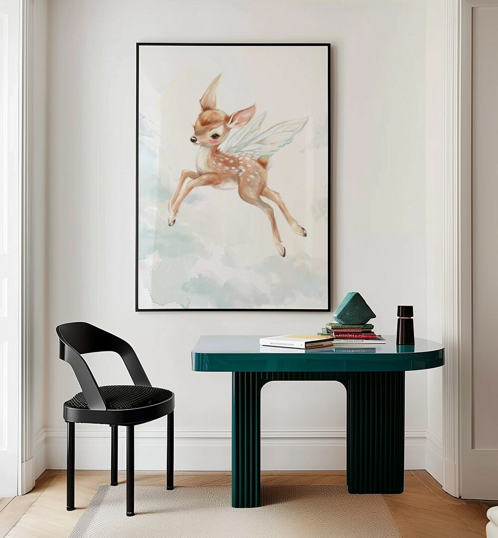 Fawn Fairy Frolic I Kids Room Paintings Kids Room Wall Art in Black Plain Frame placed on a wall behind a study table