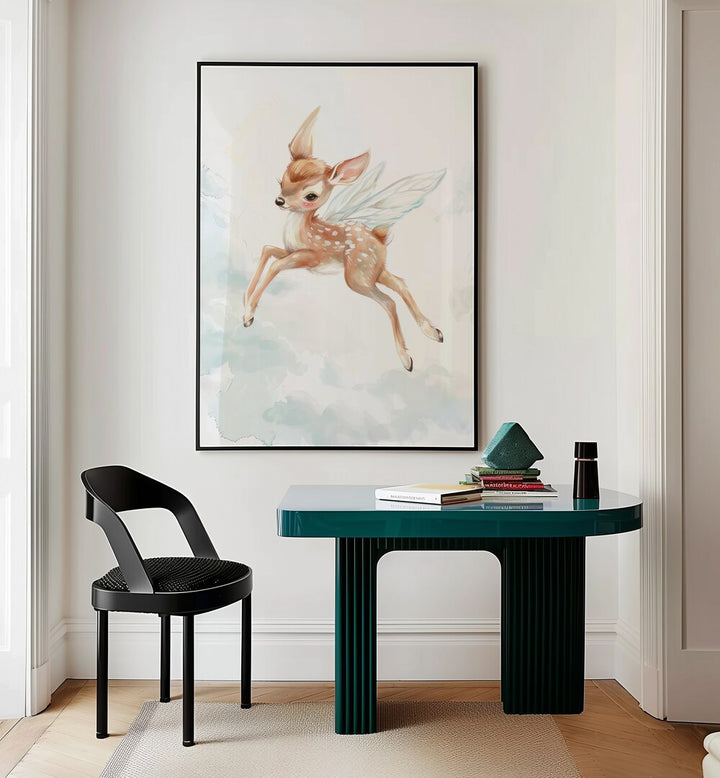 Fawn Fairy Frolic I Kids Room Paintings Kids Room Wall Art in Black Plain Frame placed on a wall behind a study table