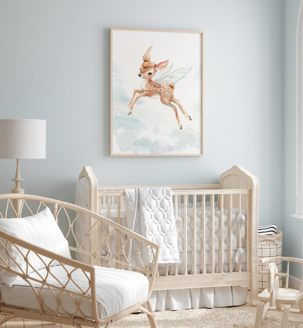 Fawn Fairy Frolic I Kids Room Paintings Kids Room Wall Art in Oak Wood Plain Frame placed on a wall in a kids room behind an infant's bed