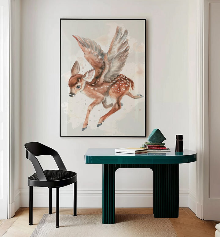 Fawn Fairy Frolic ii Kids Room Paintings Kids Room Wall Art in Black Plain Frame placed on a wall behind a study table