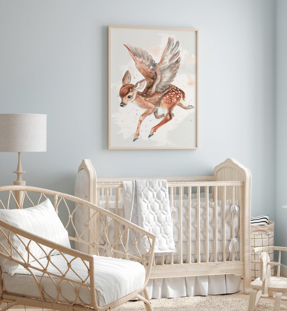 Fawn Fairy Frolic ii Kids Room Paintings Kids Room Wall Art in Oak Wood Plain Frame placed on a wall in a kids room behind an infant's bed