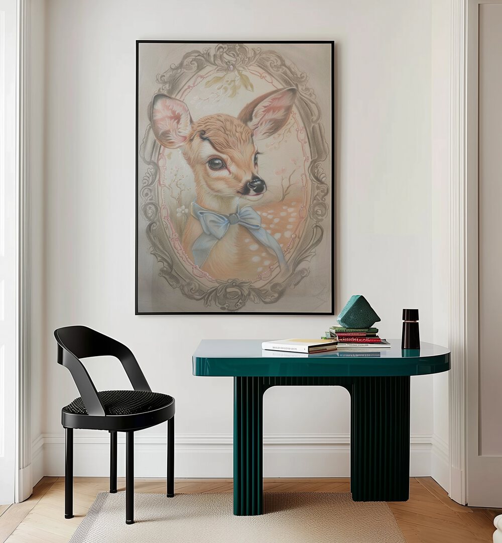 Fawn In My Window Kids Room Paintings Kids Room Wall Art in Black Plain Frame placed on a wall behind a study table