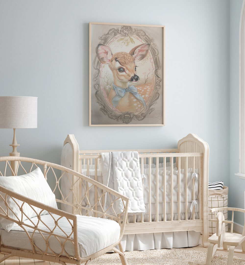 Fawn In My Window Kids Room Paintings Kids Room Wall Art in Oak Wood Plain Frame placed on a wall in a kids room behind an infant's bed