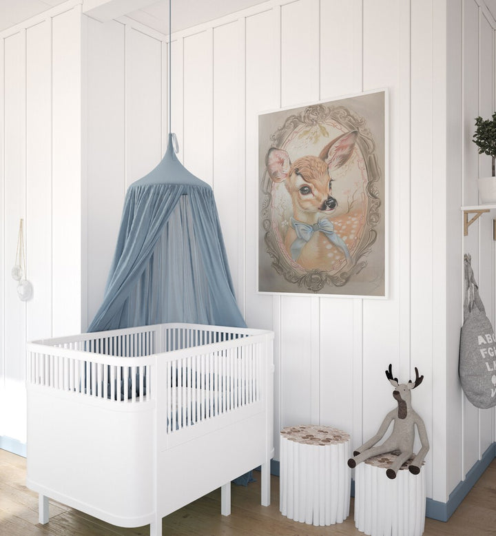 Fawn In My Window Kids Room Paintings Kids Room Wall Art in White Plain Frame placed on a wall in a kids room beside an infant's bed