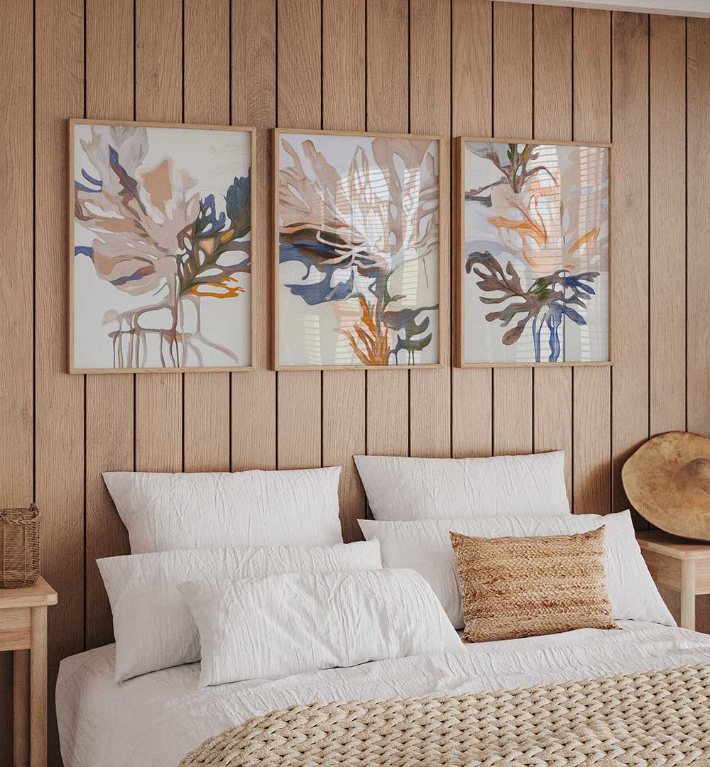 FEATHERED FLORAL FORMS SET , SET OF 3 PAINTINGS