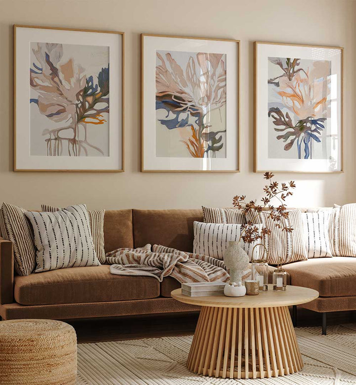 FEATHERED FLORAL FORMS SET , SET OF 3 PAINTINGS