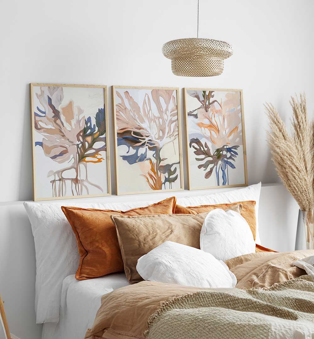 FEATHERED FLORAL FORMS SET , SET OF 3 PAINTINGS